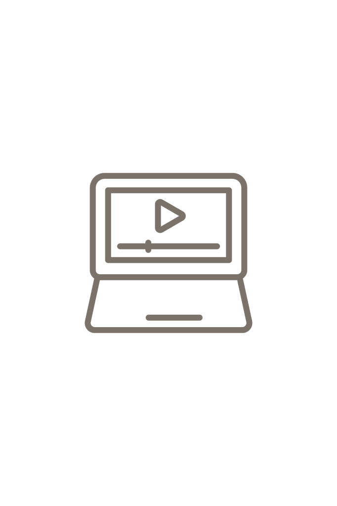 Line icon of a laptop displaying a video play button and progress bar, representing online training.