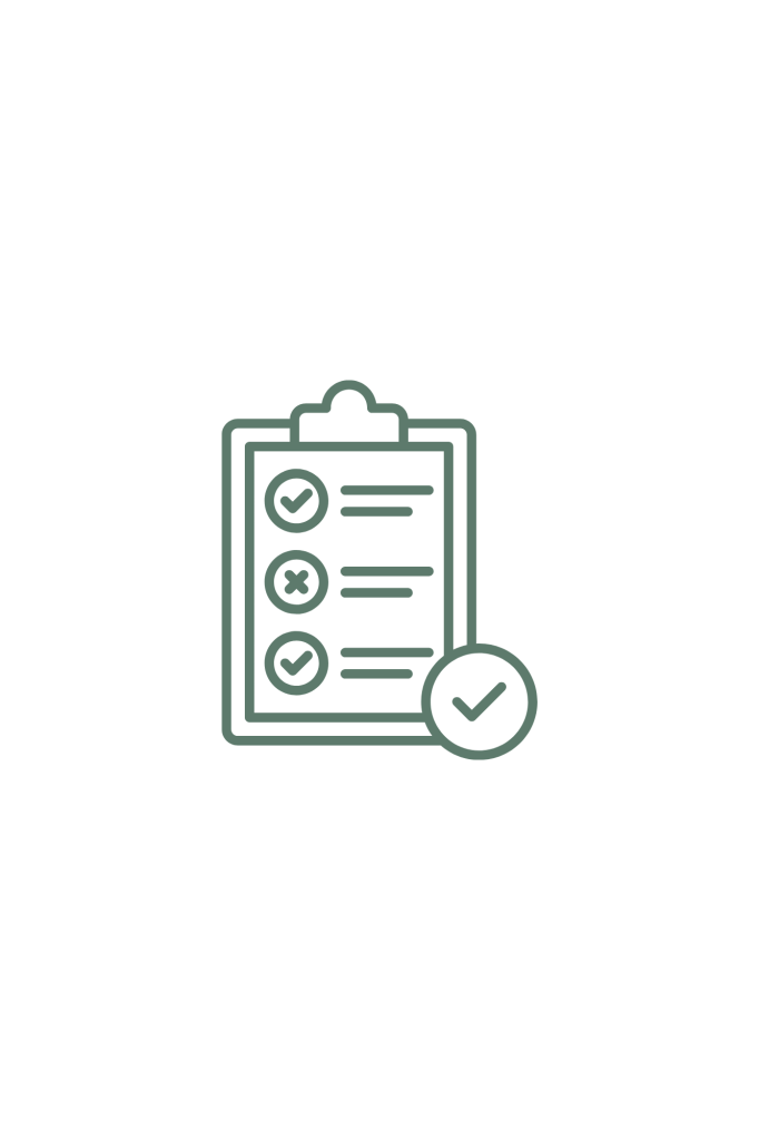 Green outline of a clipboard with checklist icons, representing assessment or evaluation