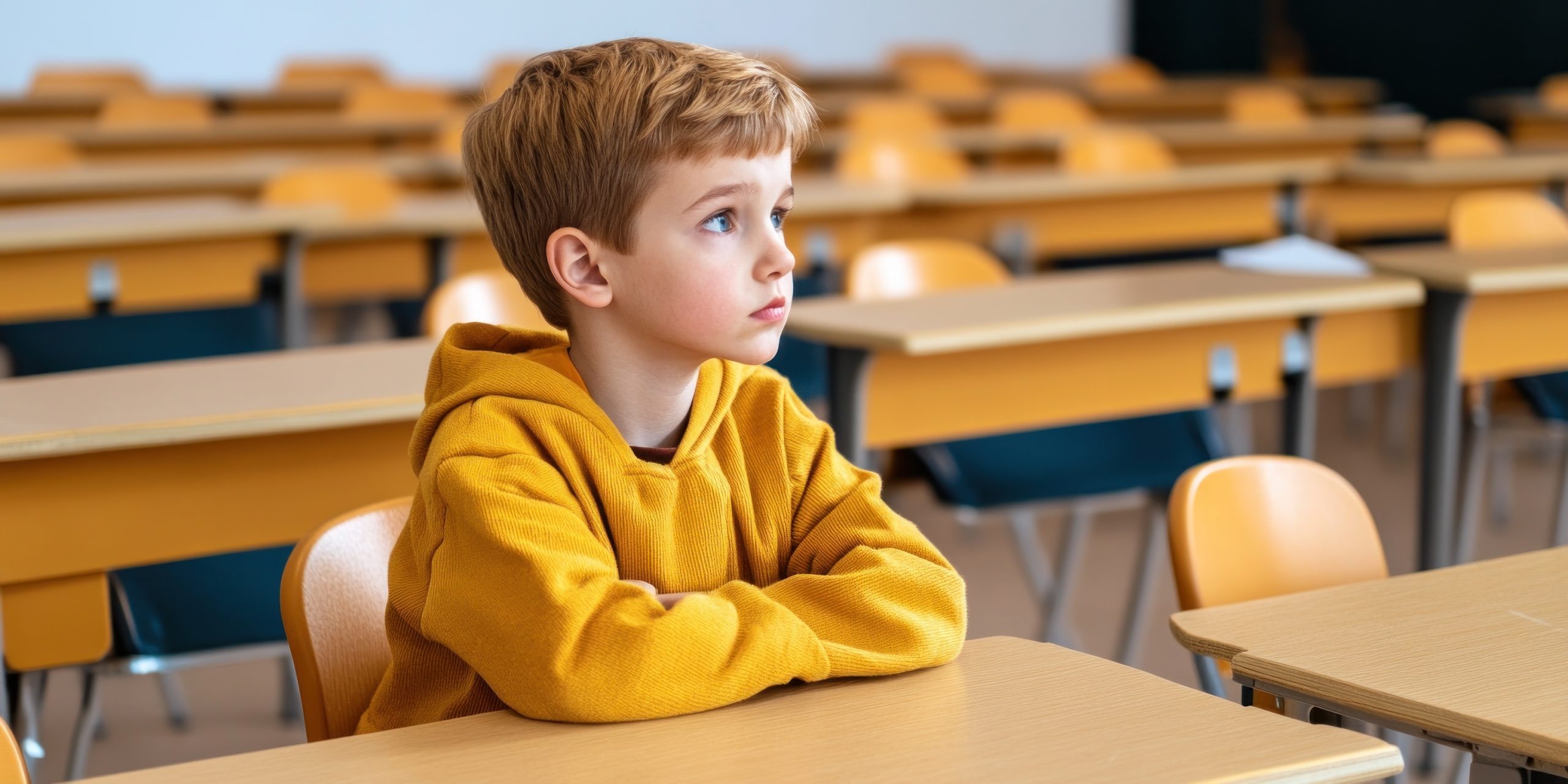 Young boy sitting alone in a classroom