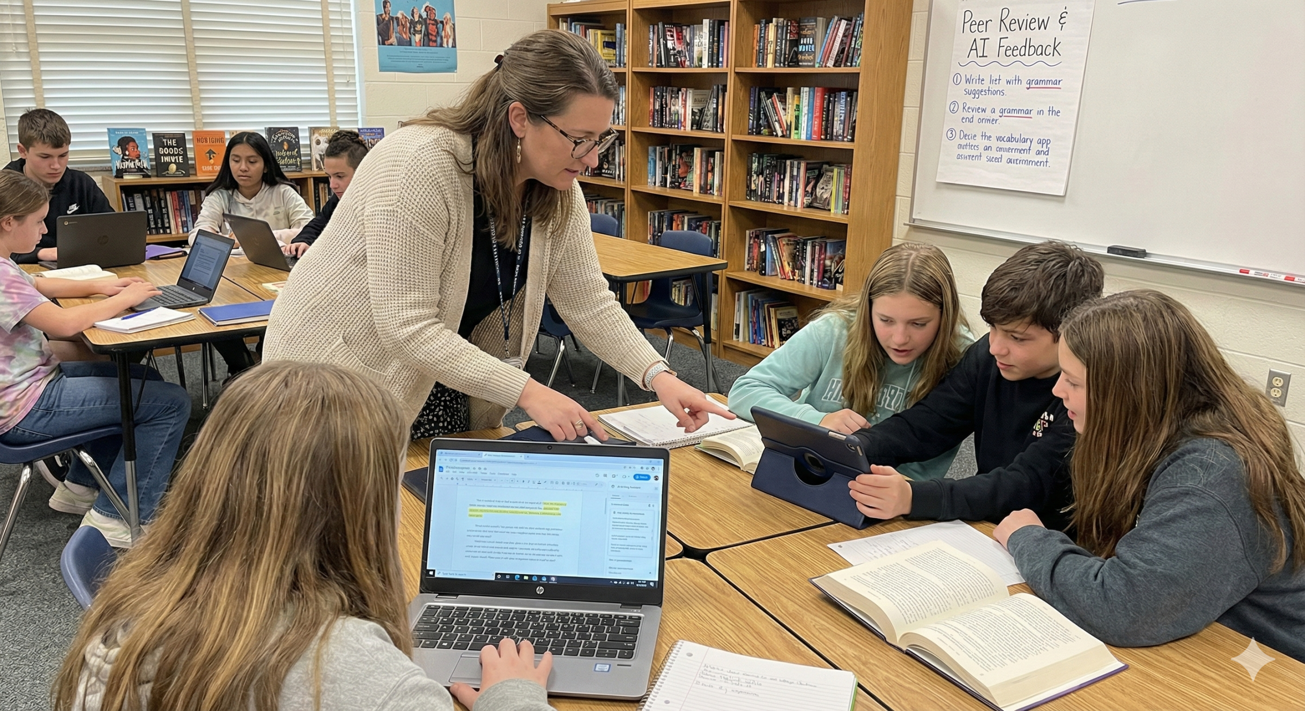 Teachers and students engaged in ELA instruction enhanced with AI tools