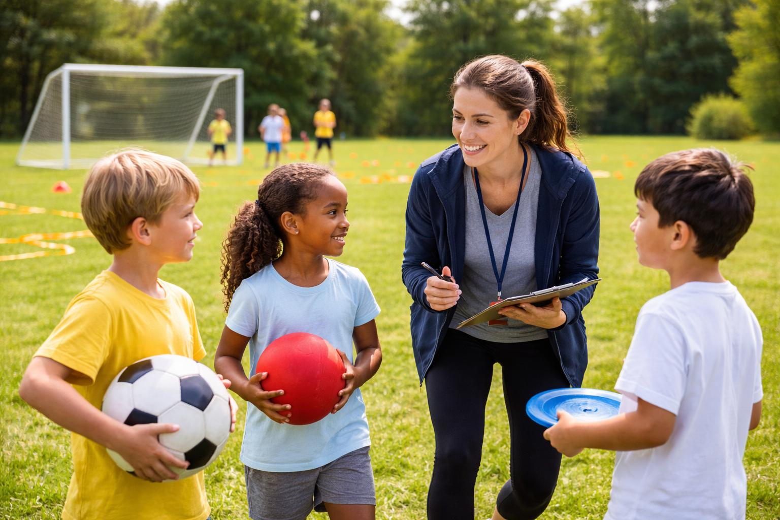 Outdoor physical education class with teacher and students